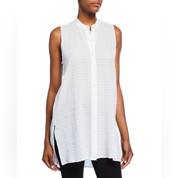 Eileen Fisher Organic Cotton Voile Box Mandarin Button Tunic in White sz S $198